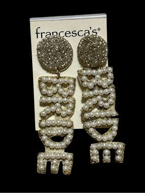 Francesca's Pearl-Embellished Gold Toned 'BRIDE' Drop Earrings